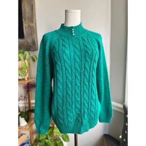 Vintage 90s Green Cableknit Mockneck Sweater Pearl Buttons Size Medium